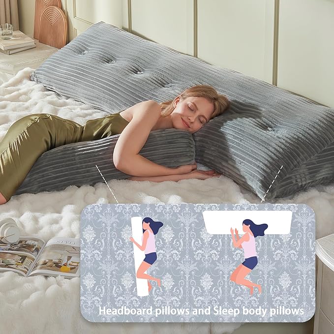 Headboard Wedge Pillow + A Long Neck Roll Pillow Body Pillow，Large Headboard Pillow with Removable Cover (Blue-Gray, King：76x8x20 inches)