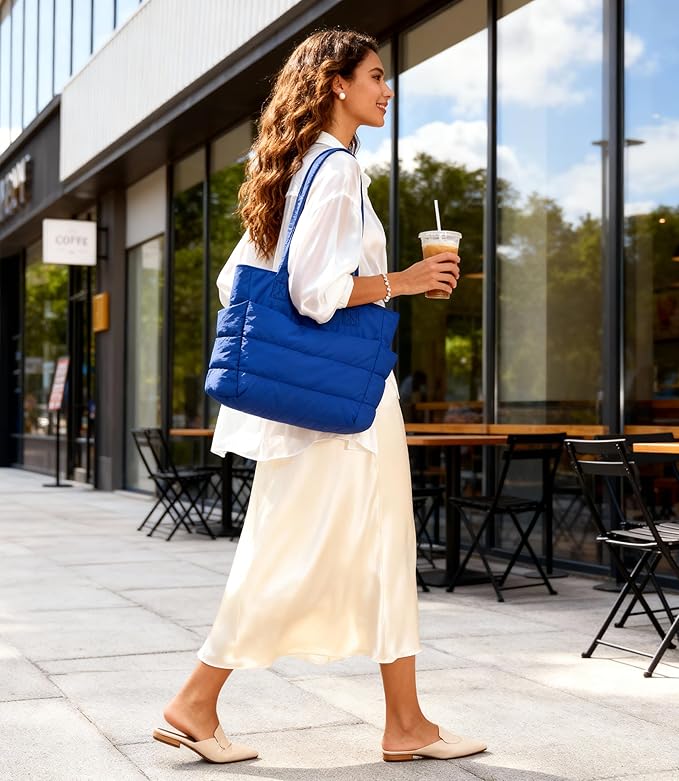 Puffer Tote Bag for Women, Cute Quilted Carryall with Zippered Compartments Shoulder Bag Handbag for Work, Travel, Gym