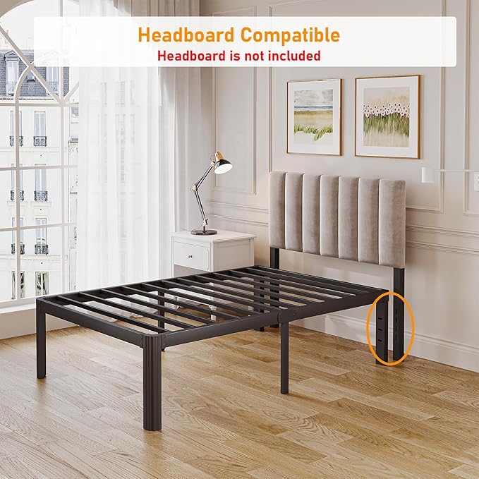 Askeld Bed Frame Twin, 16 Inch High Metal Platform Bed with Round Corner Leg, No Box Spring Needed, Heavy Duty Noise-Free Bed Base, Easy Assembly, Black