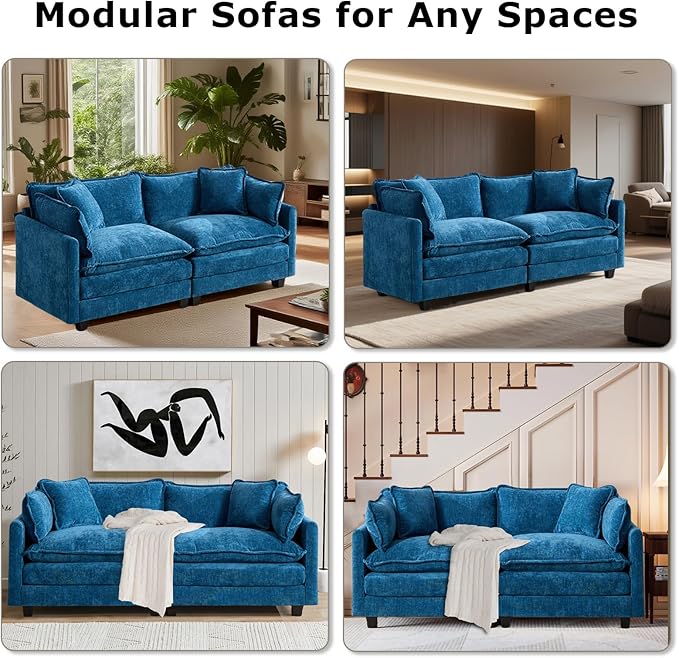 SoarFlash 149.61" Chenille Sectional Sofa, Comfy L Shaped Modular Coush Sofa with Ottoman, Modern 4 Seat Couch Deep Seat Sofa Set for Living Room,Blue