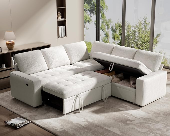 WEUP 5 Seat L Shaped Sectional Sleeper Sofa Bed with Pull Out Bed, Chenille Sectional Sleeper Couch with Adjustable Backrest, USB Ports & Storage Seat, Tool-Free Assembly, Chenille Beige