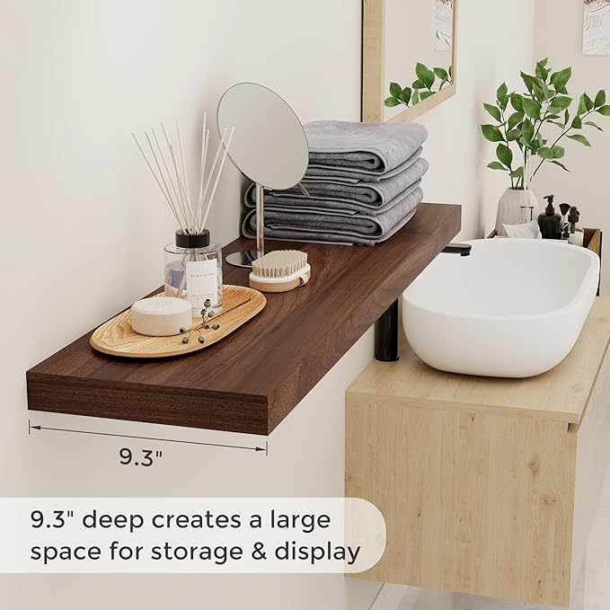 40 Inch Floating Shelves for Wall, 9.3 Inch Deep Shelves for Books & Decor, Wall-Mounted Floating Shelf 40 Inch Long Set of 2, Rustic Wooden Shelf for Living Room, Bedroom, Kitchen, Walnut