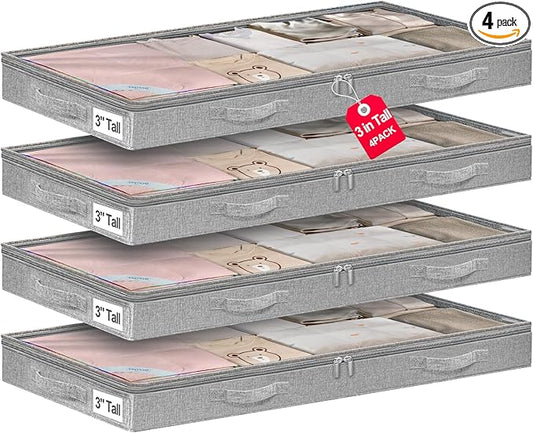 punemi 3-Inch Low Profile Under Bed Storage Containers，No-Structure, Soft Foldable Zippered Underbed Cloth Blanket Storage bins — Fits Under Crib, Couch，Sofa or Dorm bed, 4-Pack, 20x40x3in