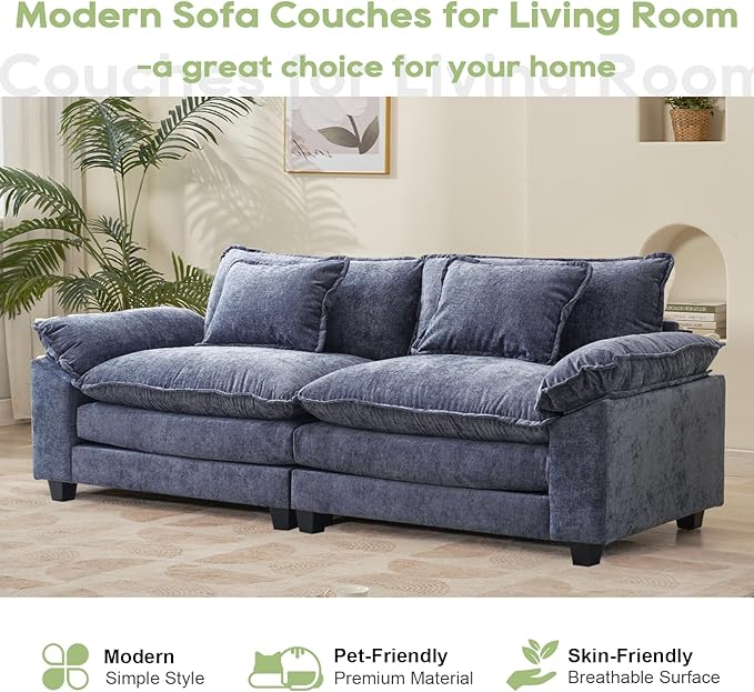 86" Modular Sectional Sofa, Comfy Cloud Couch Sectional Sofa, Chenille Sofa Sleeper Deep Seat Sofa with Throw Pillows for Living Room (Blue, 86"- Loveseat)