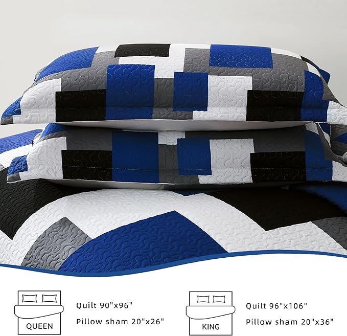 3 Piece Blue White Grey Quilt Set Full/Queen Size Black White Geometric Reversible Bedding Set Microfiber Lightweight Bedspread Coverlet with 2 Shams Modern Bed Covers for All Season, 90''x96''