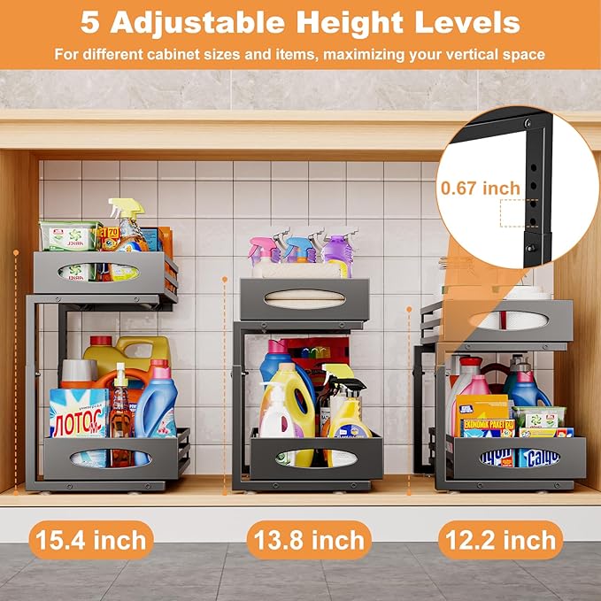 Under Sink Organizer, 2 Tier Under Sink Organizers and Storage, Adjustable Height, Slide Out Metal Cabinet Organizers, Pull Out Cabinet Storage Drawer Shelf for Kitchen Bathroom