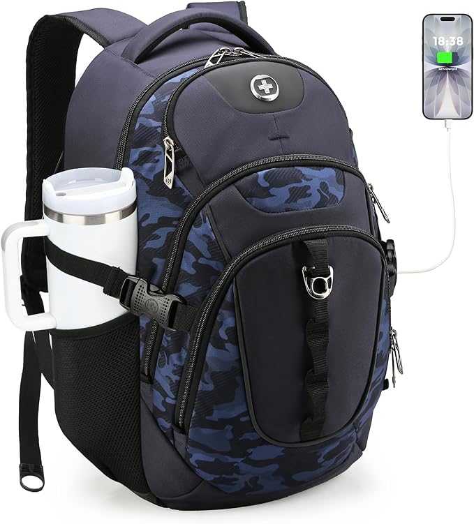 Swissdigital Design Laptop Backpack with USB Charging Port, Travel Backpack Fits 15.6 inches Computer, 31L College School Backpack for Men, Blue Camo | SD803-92