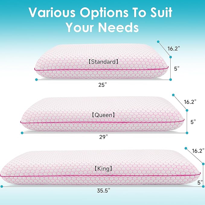 Memory Foam Pillows for Side, Back and Stomach Sleepers, Set of 2, Bed Pillow with Washable Cover and Breathable Mesh, Bed Pillow for Sleeping (Pink，Queen Size)