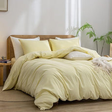 BESTOUCH Duvet Cover Set 100% Washed Cotton Linen Feel Super Soft Comfortable Chic Lightweight 3 PCs Home Bedding Set Solid Light Yellow Queen