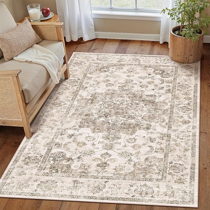 4x6 Washable Neutral Area Rug Brown Vintage Entryway Office Carpet Non-Slip Soft Low Pile Floral Indoor Throw Rug for Living Room Bathroom Dining Room