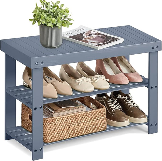SONGMICS Shoe Rack Bench, 3-Tier Bamboo Shoe Storage Organizer, Entryway Bench, Holds Up to 286 lb, 11.3 x 27.6 x 17.8 Inches, for Entryway Bathroom Bedroom, Grey ULBS04GY