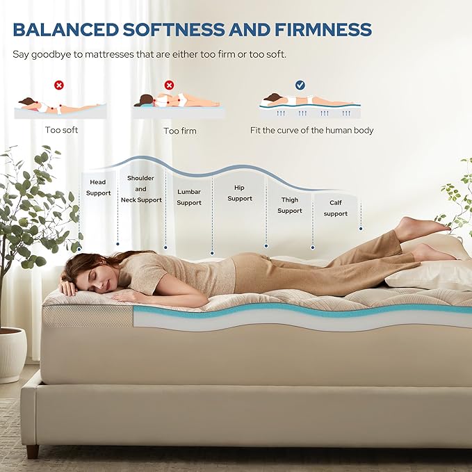 Bedlore 4-Inch Queen Mattress Topper for Back Pain - Dual Layer Medium Support (2" Gel Memory Foam + 2" Cooling Fluffy Pillow Top Pad), Breathable & Pressure Relief (Beige)