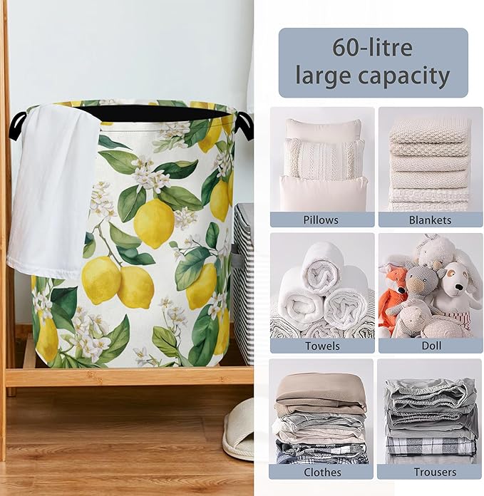 Lemon Laundry Basket,Flower Leaf Foldable Oxford Cloth Tote Bag Laundry Hamper Clothes Storage Bucket Organizer for Bedroom Laundry Storage Dormitories 16" x 20.8"