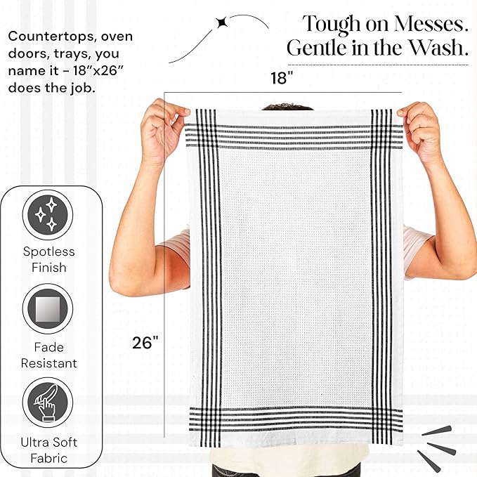 Black and White Kitchen Towels 12 Pack, 16x26 Inch, 100% Cotton Waffle Weave, Super Absorbent, Quick Dry, Reusable Dish Towels for Cleaning, Drying, Cooking, Washing