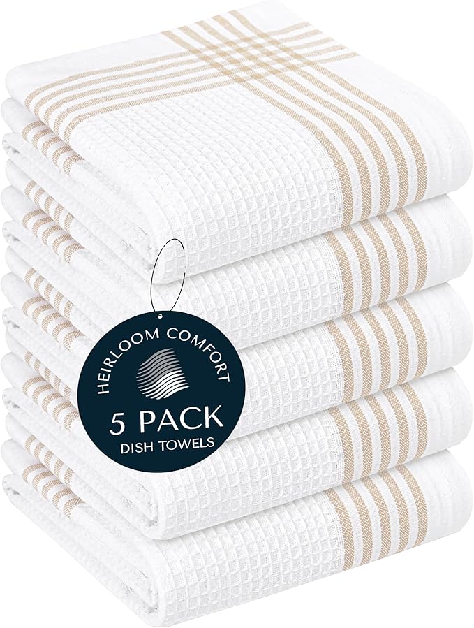 Beige and White Waffle Kitchen Towels 5 Pack, 100% Cotton, 16x26 Inch, Ultra Absorbent, Fast Dry Dish Towels, Reusable Dishcloths for Drying, Cleaning, Kitchen Use