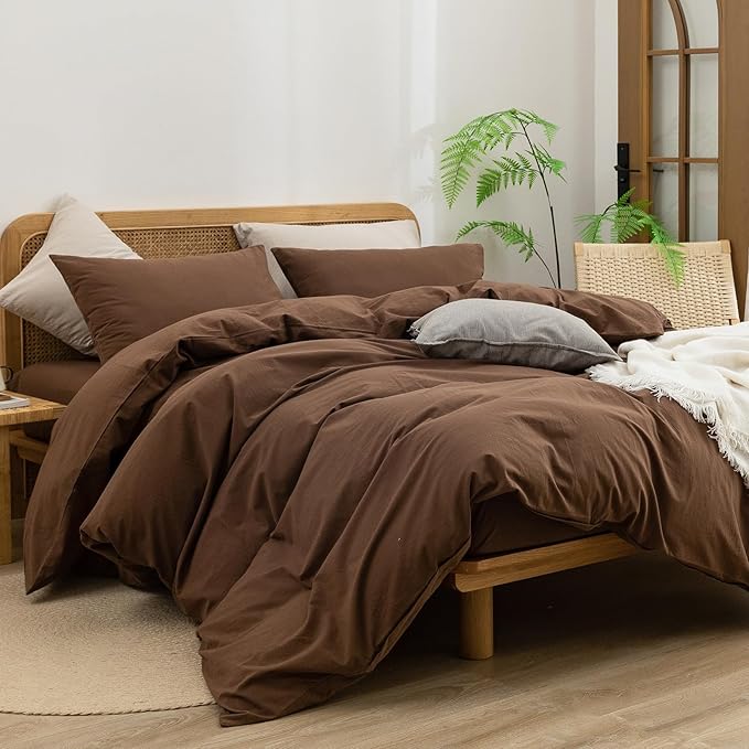 BESTOUCH Duvet Cover Set 100% Washed Cotton Linen Feel Super Soft Comfortable Chic Lightweight 3 PCs Home Bedding Set Solid Cocoa Brown Cal King
