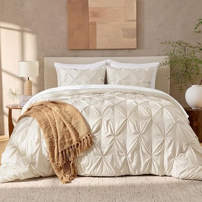 Andency Beige Comforter Set Full(79x90Inch), 3 Pieces Lightweight and Soft Comforter Set, All Season Microfiber Pinch Pleat Bedding