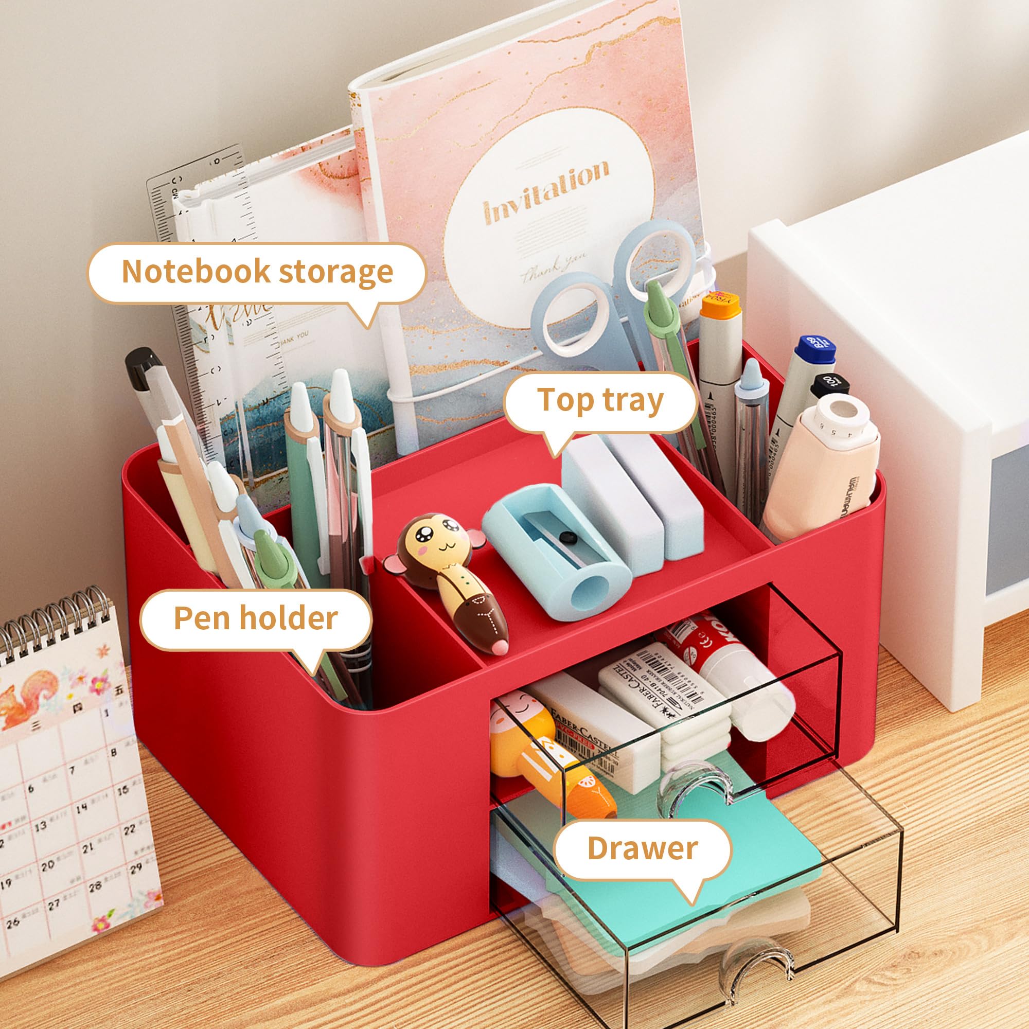 Marbrasse Pen Organizer with 2 Drawer, Multi-Functional Pencil Holder for Desk, Desk Organizers and Accessories with 5 Compartments + Drawer for Office Art Supplies (Blue) Dormly