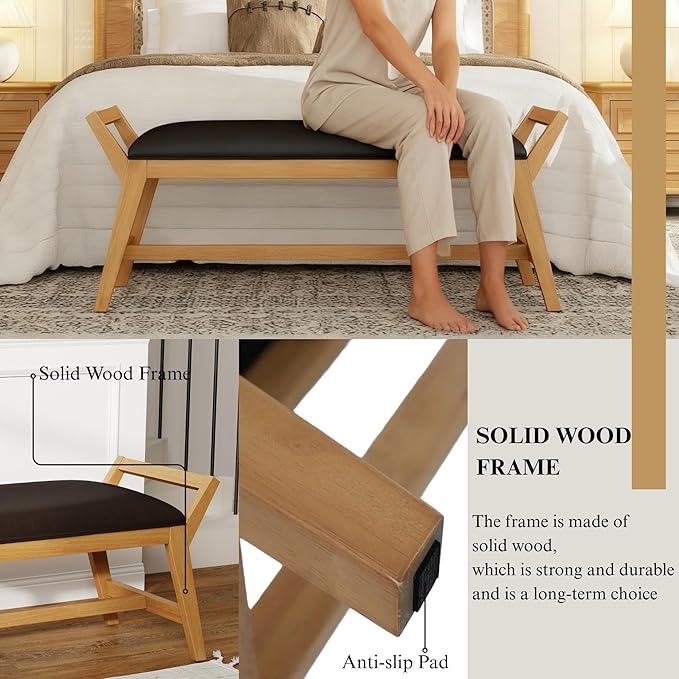 51" End of Bed Bench, Entryway Bench with Solid Wood Frame Fabric Ottoman Bench for Bedroom/Entry/Living Room, PU Leather Brown