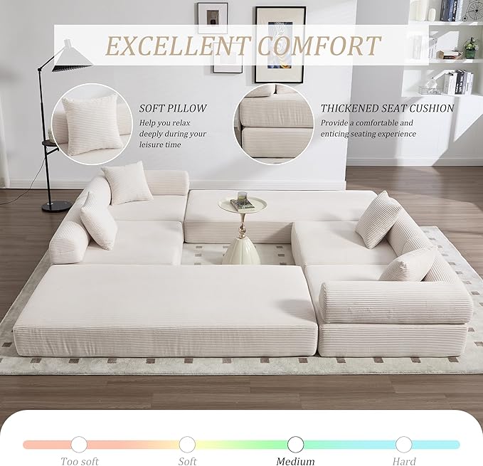 106" Oversized Convertible Sleeper Sofa Bed, Corduroy L Shape Sectional Couch, Folding Sofa Bed with Side Pocket, Modern Cloud Floor Mattress Couch, Modular Sofa for Living Room, Beige