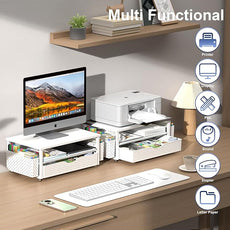 Spacrea Desk Organizer and Accessories, Computer Monitor Stand Riser with Drawer and 2 Pen Holders, Office Desk Accessories & Workspace Organizers for Office Supplies (White)