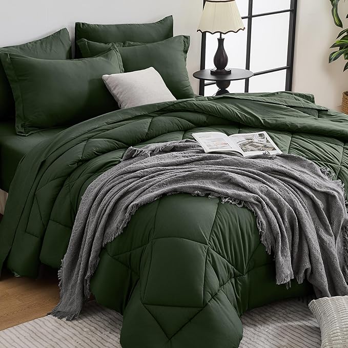 HEVUMYI Army Green California King Comforter Set - 7-Piece All Season Bed in a Bag Cal King, Ultra Soft Bedding Set with Comforter, Flat Sheet, Fitted Sheet, Pillowcases, Pillow Shams