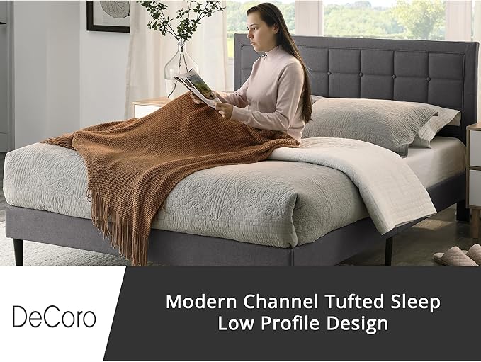 Decoro Mornington Upholstered 2.0 Platform Bed, Button-Tufted Fabric Headboard and Metal Frame with Wood Slat Support, Light Grey, Full