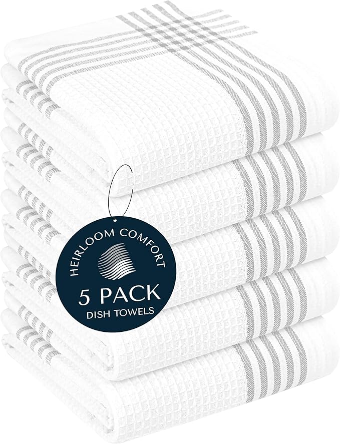 Grey and White Cotton Kitchen Towels 5 Pack, 16x26 Inch, Waffle Weave, Quick Dry, Absorbent, Durable Dish Towels for Drying, Cleaning, Cooking, Daily Kitchen Use