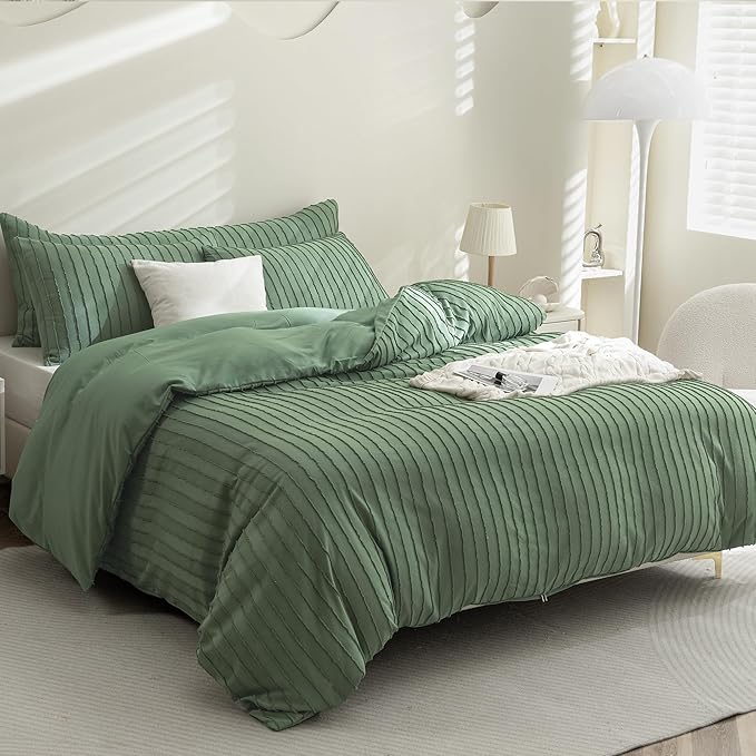 JELLYMONI Duvet Cover Super Queen Size Green - 3PCS Boho Striped Duvet Cover Set Polyester Tufted Bohemian Textured Comforter Cover 98×90in with Corner Ties & Zipper and 2 Pillowcases