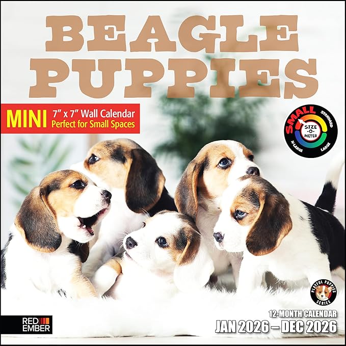 RED EMBER Beagle Puppies 2026 Mini Wall Calendar 12 Month | 7" x 14" Open | Thick & Sturdy Paper | Holiday Gift | Cute Puppy Dog Calendar 2026
