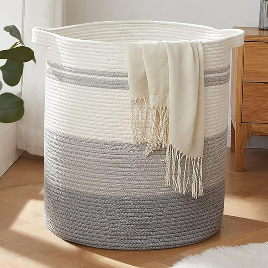 OIAHOMY 100L Laundry Hamper - Storage Basket with Handles, Decorative Woven Basket for Living Room, Toys Bin, Pillows, Blankets, Clothes - 19x21in - Gradient Gray