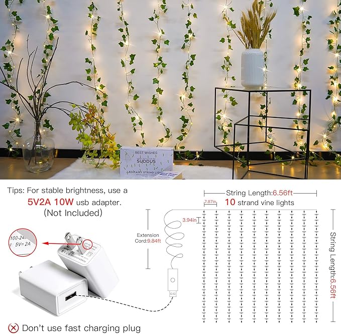 suddus Vines with Light for Bedroom, 200 LED Fairy Lights with Vines, Ivy Curtain Lights for Dorm, Wedding, Party, Wall, Indoor, Outdoor Decor, 6.5ft x 6.5ft