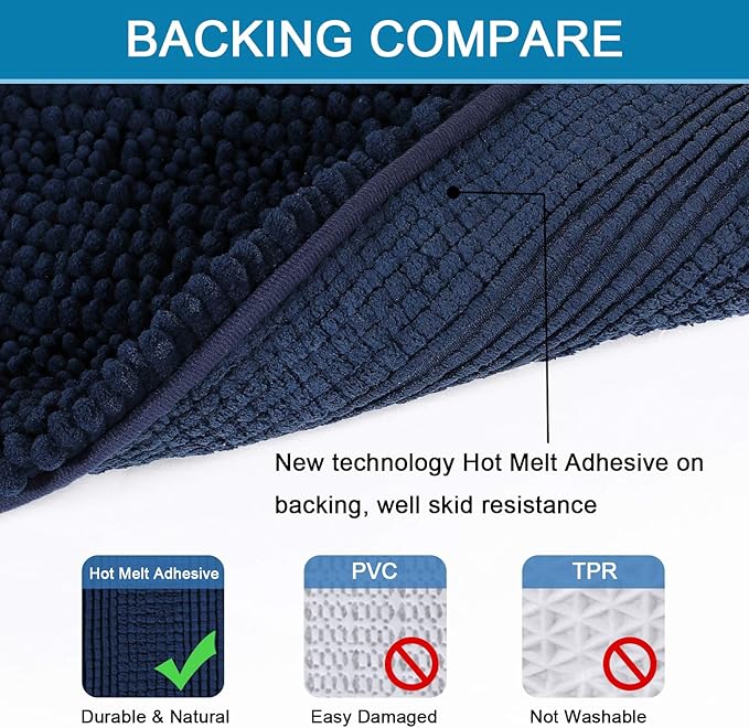 H.VERSAILTEX Bath Rugs for Bathroom Non Slip Bath Mats Extra Thick Chenille Striped Bath Rug Runners 47" x 17" Absorbent Fluffy Soft Shaggy Mats Dry Fast Plush Area Carpet for Bath Room - Navy