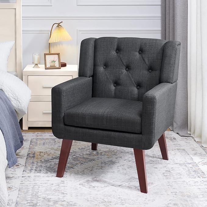 Accent Chair Button-Tufted Upholstered Living Room Chairs Comfy Reading Chair Mid Century Modern Chair with Linen Fabric Lounge Arm Chairs for Living Room Bedroom (Grey)