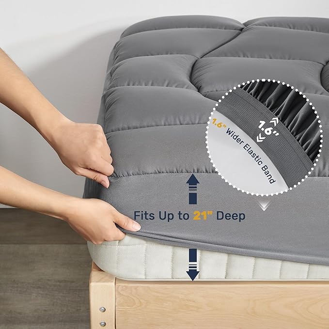 Unikome Twin XL Mattress Pad Waterproof - Soft Mattress Topper for College Dorm Room Essentials, Extra Long Noiseless Twin Mattress Protector Cover with 8"-21" Deep Pocket (Grey, 39x80)