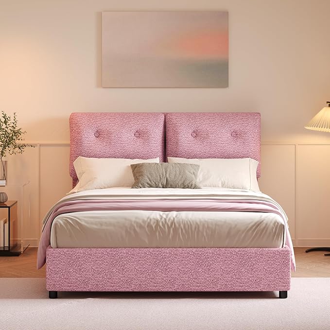 Full Size Bed Frame with Headboard, Cloud Boucle Upholstered Bed Frame, Modern Soft Style, Adjustable Headboard, No Box Spring Needed, Easy Assembly, Pink