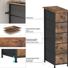 GiftGo Narrow Dresser Vertical Slim Dresser Chest of Drawers Skinny Storage Tower for Small Spaces Gaps Closet Bedroom Bathroom Small Fabric Drawer Unit (Rustic Brown, 5 Drawers)