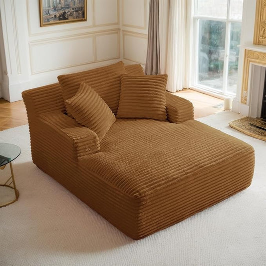 Oversized Chaise Lounge Chair Indoor Corduroy Sofa Bed with Throw Pillows Recliner Chair Comfy Large Deep Seat Sofa Couch for Living Room, Bedroom, Apartment (Orange)