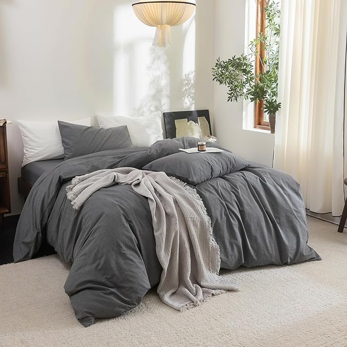 FOSSA Duvet Cover Set 100% Washed Cotton Linen Feel Super Soft Breathable Cozy 3 Pieces Bedding Sets Solid Dark Grey Twin