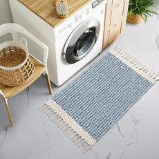 Lahome Boho Bathroom Rugs, Small 2x3 Front Door Bath Mats Lightweight Entryway Rug Woven Cotton Area Rug with Tassels, Farmhouse Blue Throw Rug Washable Low Pile Carpet for Kitchen