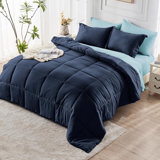 JOLLYVOGUE Queen Comforter Set, Ultra-Soft Bed in a Bag Queen Size 7 Pieces, Oeko-TEX Certified Bedding Set with Down Alternative Comforter, Sheets, Pillowcases & Shams, Navy & Light Blue