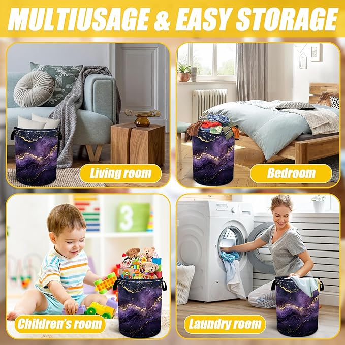Purple Gold Marble Laundry Basket,Foldable Oxford Cloth Funny Tote Bag Laundry Hamper Clothes Storage Bucket Toy Organizer For Bathroom Laundry Storage Bedroom 18.9x16.5