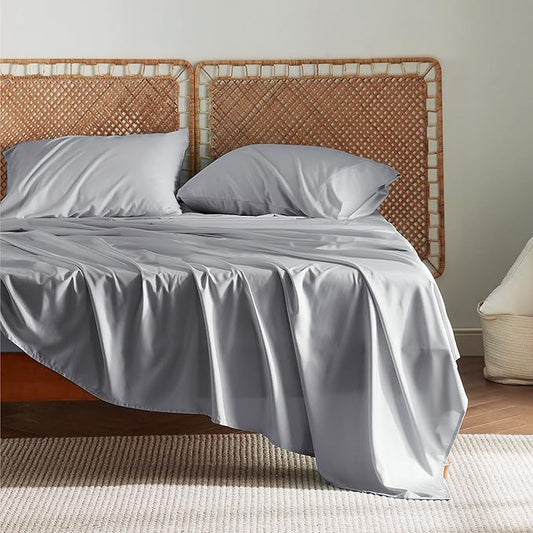 Bedsure Queen Sheet Set, Rayon Derived from Bamboo, Cooling Sheets, Deep Pocket Up to 16", Breathable & Soft, Hotel Luxury Silky Bedding for Hot Sleepers, Silver Grey