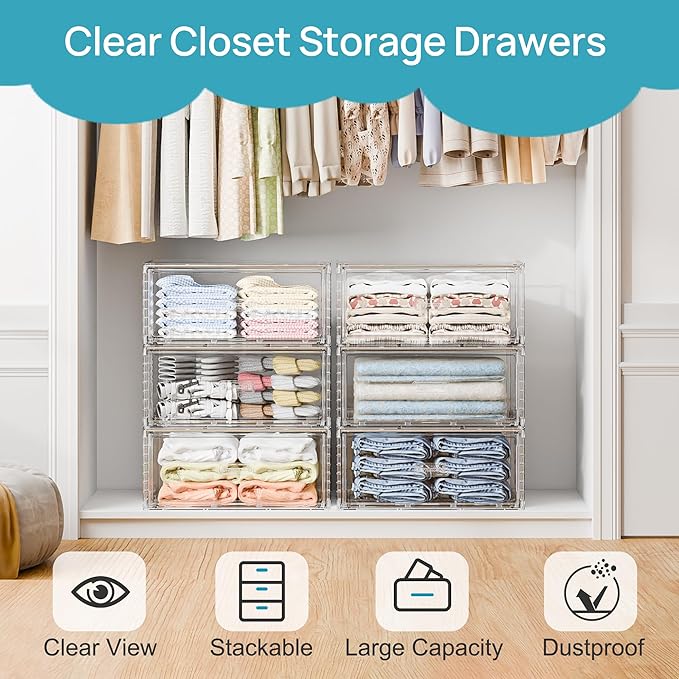 Vtopmart 2 Pack Large Clear Stackable Storage Drawers 27QT, Easily Assemble Plastic Closet Storage Bins, Dust-Proof UnderBed Organizer for Clothing, Sweater Organization