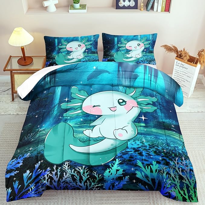 Cute Axolotl Comforter Set Kids Blue Axolotl Bedding Set Boys Girls Full Size Kawaii Ocean Animal Print Comforter Boys Girls Ocean Sealife Room Decor Blue Fish Quilt