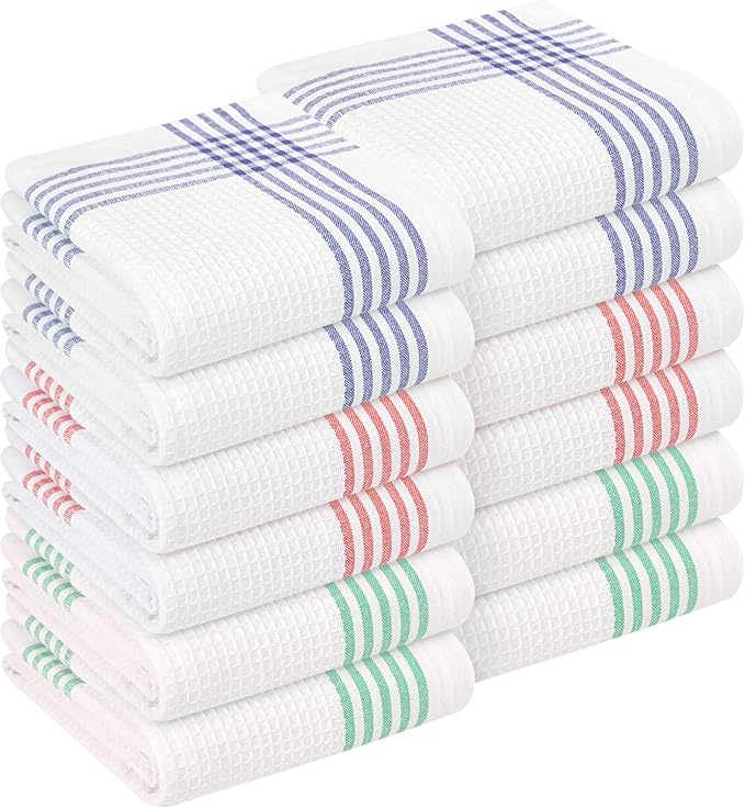 Multicolor Kitchen Towels 12 Pack, 16x26 Inch, Waffle Weave, Quick Dry, Absorbent, Durable Dish Towels for Drying, Cleaning, Cooking, Daily Kitchen Use, Indigo Blue, Red, Dark Green