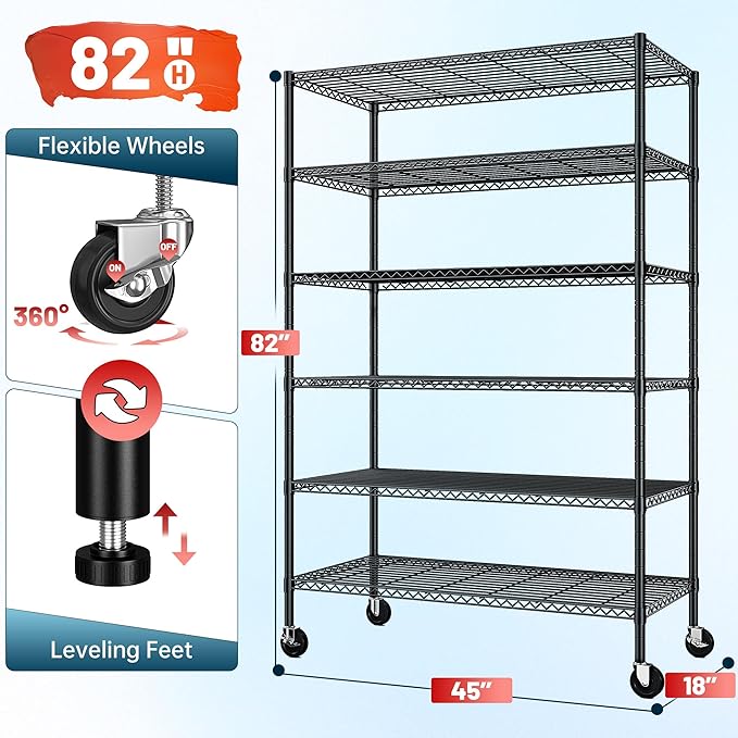 82" H X45 W X18 D Wire Shelving Unit, 6 Tier Adjustable Storage Shelves with Wheels 1200LBS Metal Shelving for Restaurant Garage Pantry Kitchen Closet Commercial,Black