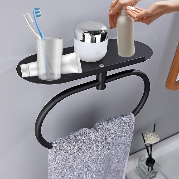 Towel Ring with Shelf, Heavy Duty Stainless Steel Bathroom Hardware, Adhesive No-Drill or Drill Mount Wall Mounted Towel Holder for Bathroom and Kitchen (Black)