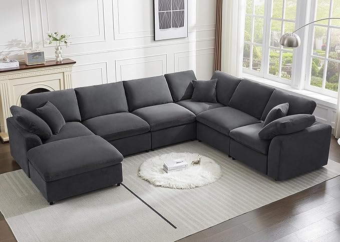 Modular Sectional Sofa Modern Oversized Chenille Cloud Couch with Movable Ottoman 7 Seater L-Shaped Sofas Comfy Couches for Living Room Spacious Space Office Lounge, Dark Grey
