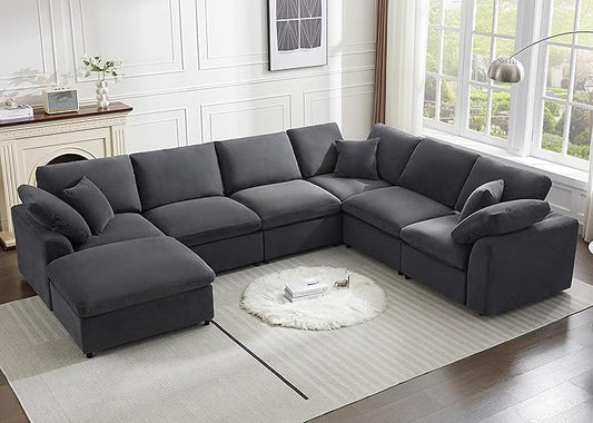 Modular Sectional Sofa Modern Oversized Chenille Cloud Couch with Movable Ottoman 7 Seater L-Shaped Sofas Comfy Couches for Living Room Spacious Space Office Lounge, Dark Grey
